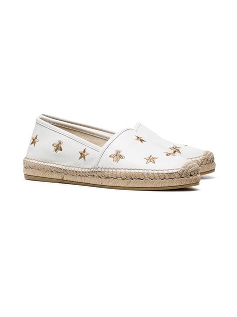 Gucci White Leather Pilar Gold Bee Star Embroidered Espadrille 